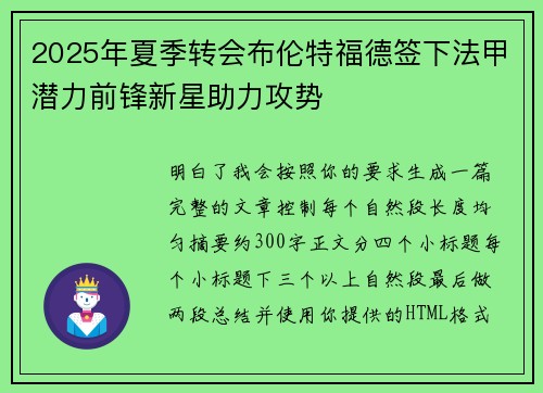 2025年夏季转会布伦特福德签下法甲潜力前锋新星助力攻势
