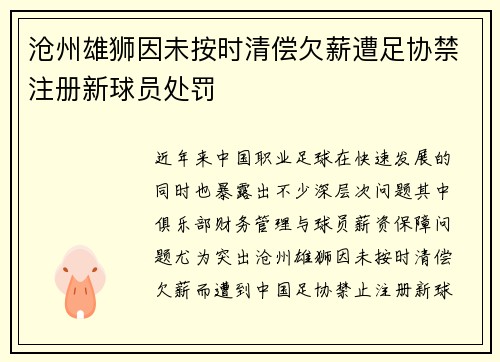 沧州雄狮因未按时清偿欠薪遭足协禁注册新球员处罚